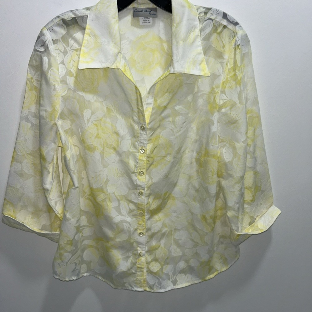 Carol Bay PXL Sheer Lightweight Collared Button Up 3/4‎ Sleeve Floral Blouse